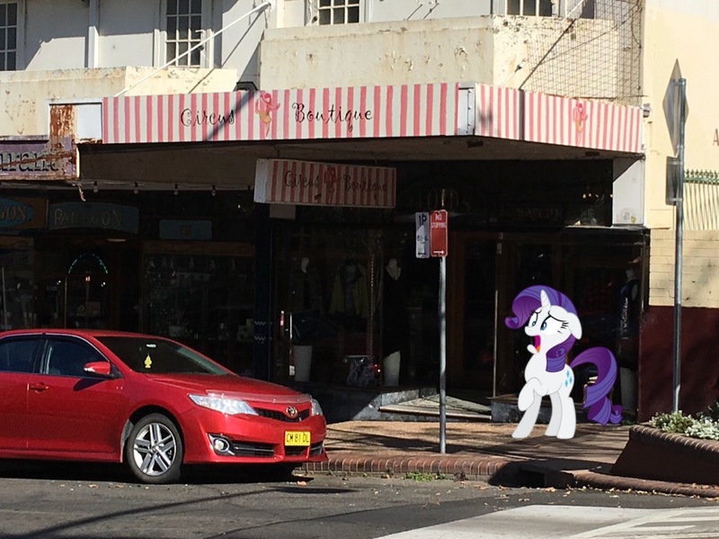 Size: 1185x888 | Tagged: safe, derpibooru import, edit, rarity, pony, australia, car, irl, katoomba, photo, ponies in real life, shop