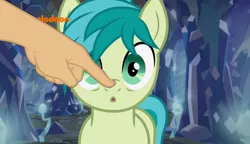 Size: 1634x940 | Tagged: safe, derpibooru import, edit, edited screencap, screencap, sandbar, earth pony, pony, what lies beneath, boop, boop edit, cute, finger, hand, male, sandabetes