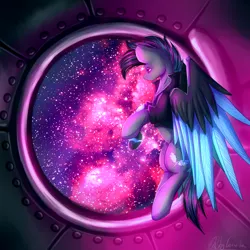 Size: 2000x2000 | Tagged: safe, artist:cornelia_nelson, derpibooru import, oc, oc:keyphrase, unofficial characters only, cyborg, pegasus, pony, amputee, augmented, capsule, clothes, cutie mark, cyberpunk, female, galaxy, jacket, multicolored mane, multicolored tail, neon, prosthetic limb, prosthetic wing, prosthetics, solo, space, stars, window, wings, ych result, zero gravity