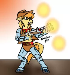 Size: 774x833 | Tagged: 3030, amputee, artist:asuraludu, bfg, braeburn, bravestarr, cowboy, cowboy hat, cyborg, derpibooru import, gun, hat, prosthetic arm, prosthetic limb, prosthetics, robotic legs, safe, thirty-thirty, weapon