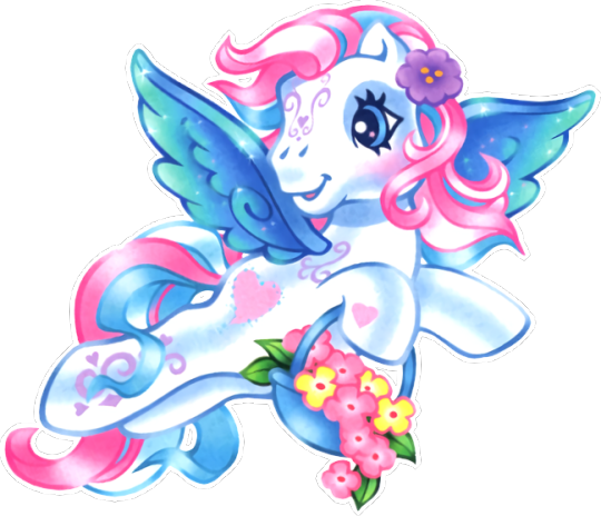 Size: 540x464 | Tagged: safe, artist:lyn fletcher, derpibooru import, edit, official, star catcher, pegasus, pony, basket, female, flower, flower basket, flower in hair, flying, g3, heart, heart eyes, heart hoof, mare, official art, scan, simple background, solo, swirly markings, transparent background, wingding eyes, wings