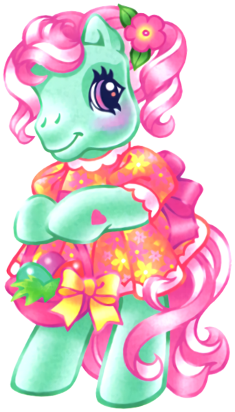 Size: 376x660 | Tagged: safe, artist:lyn fletcher, derpibooru import, edit, official, minty, earth pony, pony, bipedal, blushing, bow, clothes, dress, female, flower, flower in hair, g3, heart, heart hoof, mare, official art, orange dress, scan, simple background, solo, tail bow, transparent background, white outline, you know i had to do it to em