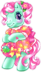 Size: 376x660 | Tagged: safe, artist:lyn fletcher, derpibooru import, edit, official, minty, earth pony, pony, bipedal, blushing, bow, clothes, dress, female, flower, flower in hair, g3, heart, heart hoof, mare, official art, orange dress, scan, simple background, solo, tail bow, transparent background, white outline, you know i had to do it to em