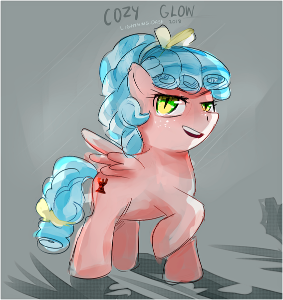 Size: 909x962 | Tagged: safe, artist:edline02, derpibooru import, cozy glow, pegasus, pony, cozy glow is best facemaker, crazy glow, evil, female, filly, foal, freckles, green eyes, looking at you, open mouth, pure concentrated unfiltered evil of the utmost potency, raised hoof, slit eyes, solo, spread wings, standing, wings