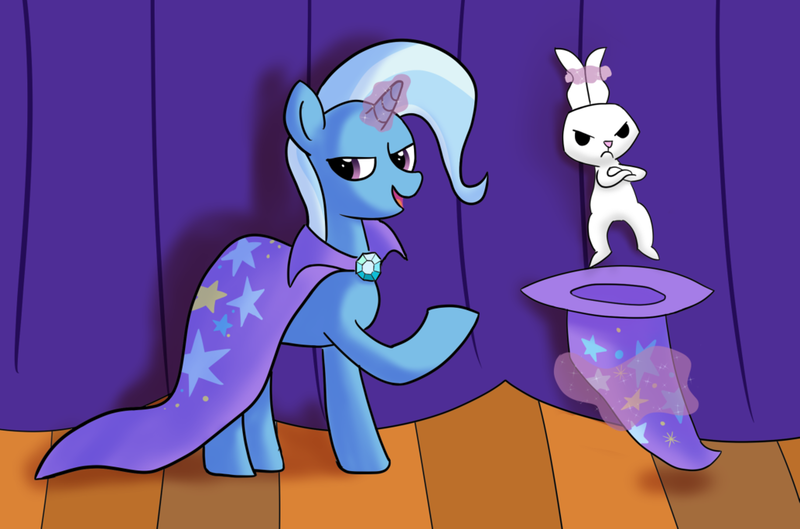 Size: 1024x677 | Tagged: safe, artist:tech--pony, derpibooru import, angel bunny, trixie, pony, unicorn, bunny out of the hat, clothes, hat, lidded eyes, magic trick, smiling, stage, trixie's hat