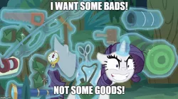 Size: 888x499 | Tagged: safe, derpibooru import, edit, edited screencap, screencap, mean rarity, rarity, pony, unicorn, the mean 6, clone, deranged, evil grin, female, glowing horn, greedity, grin, i want some x not y, image macro, magic, magic aura, mare, meme, rarisnap, smiling, solo, telekinesis