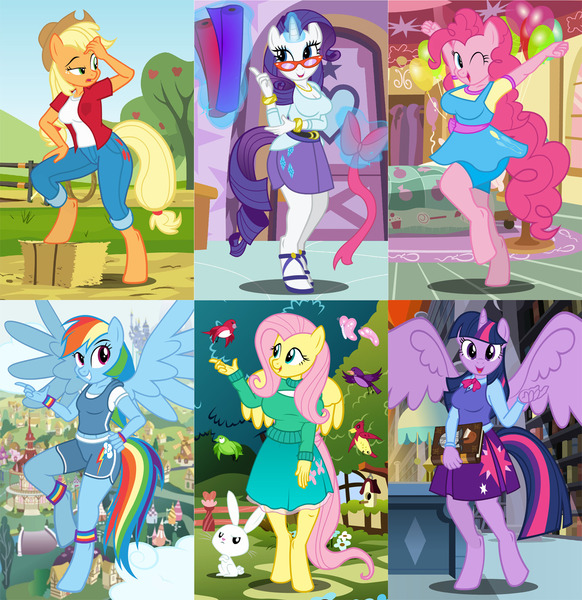 Size: 1188x1224 | Tagged: safe, artist:flash equestria photography, derpibooru import, angel bunny, applejack, fluttershy, pinkie pie, rainbow dash, rarity, twilight sparkle, twilight sparkle (alicorn), alicorn, anthro, bird, earth pony, pegasus, rabbit, unguligrade anthro, unicorn, apple, apple tree, big breasts, book, bookshelf, bracelet, breasts, busty applejack, busty fluttershy, busty pinkie pie, busty rarity, busty twilight sparkle, clothes, compression shorts, cowboy hat, cute, equestria girls outfit, female, food, glasses, hat, hay, hay bale, high heels, jewelry, looking at you, magic, mane six, one eye closed, open mouth, pants, pleated skirt, ponyville, sandals, shirt, shoes, shorts, show accurate, skirt, sky, smiling, stetson, sweater, sweatershy, tree, wristband