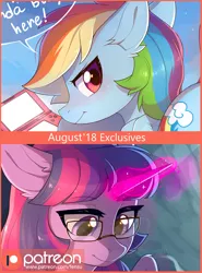 Size: 2082x2809 | Tagged: advertisement, angry, anthro, artist:fensu-san, cropped, derpibooru import, female, glasses, magic, mare, patreon, patreon logo, patreon preview, paywall content, rainbow dash, suggestive, twilight sparkle