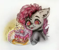 Size: 3671x3120 | Tagged: safe, artist:sunshine, derpibooru import, oc, oc:candy quartz, unofficial characters only, bat pony, :p, bell, bell collar, cake, collar, cute, ear piercing, fangs, female, floppy ears, fluffy, food, mare, pencil drawing, piercing, silly, solo, sparkles, tongue out, traditional art, unshorn fetlocks, wing piercing