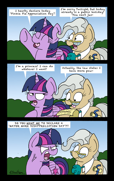 Size: 2012x3192 | Tagged: safe, artist:bobthedalek, derpibooru import, mayor mare, twilight sparkle, twilight sparkle (alicorn), alicorn, earth pony, pony, yakity-sax, abuse of power, angry, comic, duo, eyes closed, female, glasses, mare, menacing, misspelling, note, open mouth, paper, quiet, scroll, sky, tyrant sparkle, vein bulge