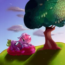 Size: 2000x2000 | Tagged: safe, artist:xxmissteaxx, derpibooru import, idw, radiant hope, oc, oc:drop flier, pony, unicorn, baby, baby pony, female, mare, prone, tree