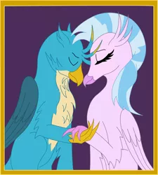 Size: 1964x2187 | Tagged: safe, artist:a humble water filter salesman, derpibooru import, gallus, silverstream, classical hippogriff, gryphon, hippogriff, digital art, duo, eyes closed, female, gallstream, holding hands, love, male, purple background, shipping, simple background, smiling, straight