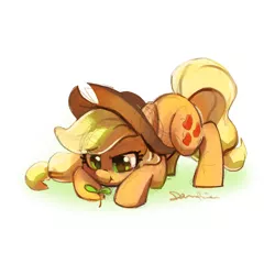 Size: 1309x1310 | Tagged: safe, artist:dawnfire, derpibooru import, applejack, earth pony, pony, cowboy hat, cute, female, frog inspector applejack, hat, jackabetes, mare, sapling, simple background, solo, white background