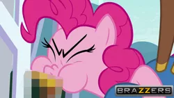 Size: 1280x720 | Tagged: suggestive, derpibooru import, edit, edited screencap, screencap, pinkie pie, pony, yakity-sax, brazzers, eyes closed, female, mare, solo, yovidaphone