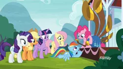 Size: 1920x1080 | Tagged: safe, derpibooru import, screencap, applejack, fluttershy, pinkie pie, rainbow dash, rarity, twilight sparkle, twilight sparkle (alicorn), alicorn, pony, yakity-sax, kneeling, mane six, yovidaphone