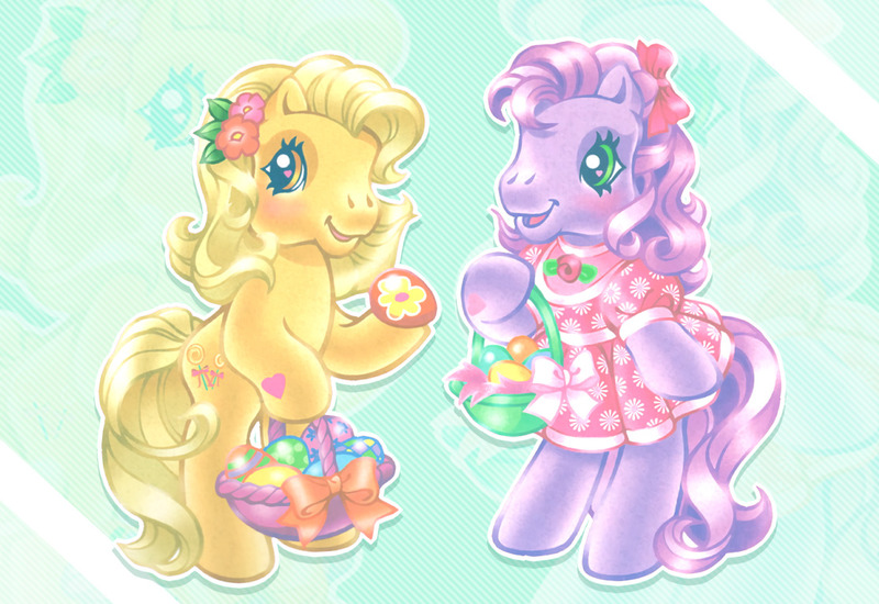 Size: 1116x767 | Tagged: safe, artist:lyn fletcher, derpibooru import, official, butterscotch (g3), wysteria, earth pony, pony, basket, bipedal, blushing, bow, clothes, cute, dress, duo, easter, easter basket, easter egg, egg, female, food, g3, g3betes, hair bow, heart, heart eyes, heart hoof, holiday, mare, official art, pink dress, scan, wingding eyes