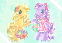 Size: 1116x767 | Tagged: safe, artist:lyn fletcher, derpibooru import, official, butterscotch (g3), wysteria, earth pony, pony, basket, bipedal, blushing, bow, clothes, cute, dress, duo, easter, easter basket, easter egg, egg, female, food, g3, g3betes, hair bow, heart, heart eyes, heart hoof, holiday, mare, official art, pink dress, scan, wingding eyes
