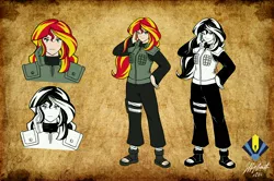 Size: 6600x4377 | Tagged: safe, artist:penspark, derpibooru import, sunset shimmer, equestria girls, 2016, absurd resolution, anime, clothes, crossover, female, human coloration, kunoichi, looking at you, monochrome, naruto, sandals, smiling, solo