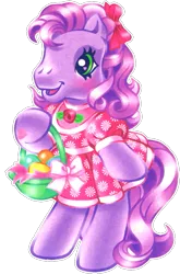 Size: 533x810 | Tagged: safe, artist:lyn fletcher, derpibooru import, edit, official, wysteria, earth pony, pony, basket, bipedal, bow, clothes, cute, dress, easter, easter basket, easter egg, egg, female, food, g3, g3betes, hair bow, heart, heart eyes, heart hoof, holiday, mare, pink dress, scan, simple background, smiling, solo, transparent background, wingding eyes