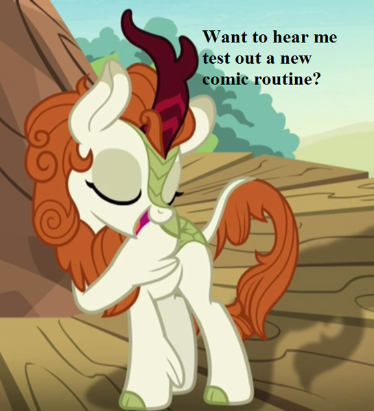 Size: 640x704 | Tagged: autumn blaze, awwtumn blaze, bronybait, cloven hooves, cropped, cute, derpibooru import, edit, edited screencap, kirin, safe, screencap, silhouette gloom of the sundown lands, solo, sounds of silence, spoiler:s08, text