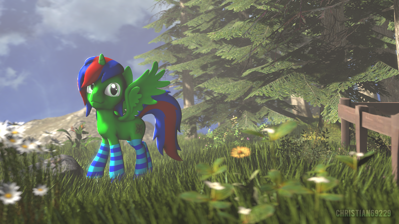 Size: 1920x1080 | Tagged: safe, artist:christian69229, derpibooru import, oc, oc:christian clefnote, unofficial characters only, alicorn, pony, 3d, alicorn oc, clothes, flower, leaves, socks, solo, source filmmaker, spread wings, striped socks, wings