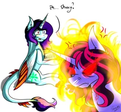 Size: 2000x1849 | Tagged: safe, artist:shamy-crist, derpibooru import, oc, oc:shamy, oc:sunny crist, unofficial characters only, dracony, hybrid, pony, unicorn, anger magic, angry, book, female, fire, glowing eyes, magic, mare, sitting