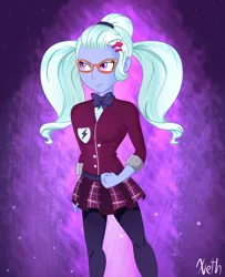 Size: 1300x1600 | Tagged: safe, artist:xethshade, derpibooru import, sugarcoat, equestria girls, friendship games, clothes, crystal prep academy uniform, crystal prep shadowbolts, female, fist, glasses, necktie, school uniform, signature, solo