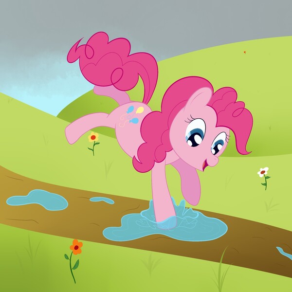 Size: 1280x1280 | Tagged: safe, artist:nitei, derpibooru import, pinkie pie, earth pony, pony, cloud, dirt path, flower, grass, jumping, open mouth, path, playing, puddle, smiling, solo, splash, stormcloud