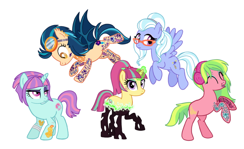 Size: 3278x2002 | Tagged: safe, artist:flipwix, derpibooru import, indigo zap, lemon zest, sour sweet, sugarcoat, sunny flare, ponified, bat pony, changeling, earth pony, pegasus, pony, unicorn, equestria girls, bandage, bat ponified, bipedal, bipedal leaning, changelingified, commission, crystal prep shadowbolts, cut, cute, cute little fangs, disguise, disguised changeling, ear piercing, earring, earth pony lemon zest, equestria girls ponified, eyebrow piercing, eyes closed, eyeshadow, fangs, female, flying, glasses, glowing horn, goggles, headband, headcanon, headphones, indigobat, jewelry, leaning, lip piercing, magic, makeup, mare, nose piercing, pegasus sugarcoat, piercing, race swap, raised eyebrow, rearing, shadow five, simple background, snake bites, sourling, species swap, tattoo, tongue piercing, transparent background, unicorn sunny flare, wall of tags