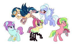 Size: 3278x2002 | Tagged: safe, artist:flipwix, derpibooru import, indigo zap, lemon zest, sour sweet, sugarcoat, sunny flare, ponified, bat pony, changeling, earth pony, pegasus, pony, unicorn, equestria girls, bandage, bat ponified, bipedal, bipedal leaning, changelingified, commission, crystal prep shadowbolts, cut, cute, cute little fangs, disguise, disguised changeling, ear piercing, earring, earth pony lemon zest, equestria girls ponified, eyebrow piercing, eyes closed, eyeshadow, fangs, female, flying, glasses, glowing horn, goggles, headband, headcanon, headphones, indigobat, jewelry, leaning, lip piercing, magic, makeup, mare, nose piercing, pegasus sugarcoat, piercing, race swap, raised eyebrow, rearing, shadow five, simple background, snake bites, sourling, species swap, tattoo, tongue piercing, transparent background, unicorn sunny flare, wall of tags