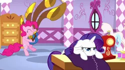 Size: 1280x720 | Tagged: derpibooru import, pinkie pie, rarity, safe, screencap, yakity-sax, yovidaphone