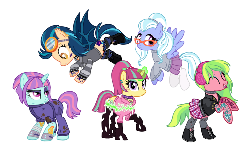 Size: 3278x2002 | Tagged: safe, alternate version, artist:flipwix, derpibooru import, indigo zap, lemon zest, sour sweet, sugarcoat, sunny flare, ponified, bat pony, changeling, earth pony, pegasus, pony, unicorn, equestria girls, bandage, bat ponified, bipedal, bipedal leaning, boots, changelingified, choker, clothes, commission, crystal prep shadowbolts, cut, cute, cute little fangs, dirt, disguise, disguised changeling, ear piercing, earring, earth pony lemon zest, equestria girls ponified, eyebrow piercing, eyes closed, eyeshadow, fangs, female, flying, glasses, glowing horn, goggles, headband, headcanon, headphones, heart, hoodie, indigobat, jacket, jewelry, jumpsuit, leaning, leather jacket, lip piercing, magic, makeup, mare, mechanic, mud, nose piercing, oil, pegasus sugarcoat, piercing, pleated skirt, race swap, raised eyebrow, rearing, shadow five, shadowbolts, shoes, simple background, skirt, skull and crossbones, snake bites, socks, sourling, species swap, spiked choker, spiked wristband, stockings, striped socks, sunny flare's wrist devices, sweater, tattoo, thigh highs, tongue piercing, torn clothes, transparent background, unicorn sunny flare, wall of tags, wristband