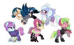 Size: 3278x2002 | Tagged: safe, alternate version, artist:flipwix, derpibooru import, indigo zap, lemon zest, sour sweet, sugarcoat, sunny flare, ponified, bat pony, changeling, earth pony, pegasus, pony, unicorn, equestria girls, bandage, bat ponified, bipedal, bipedal leaning, boots, changelingified, choker, clothes, commission, crystal prep shadowbolts, cut, cute, cute little fangs, dirt, disguise, disguised changeling, ear piercing, earring, earth pony lemon zest, equestria girls ponified, eyebrow piercing, eyes closed, eyeshadow, fangs, female, flying, glasses, glowing horn, goggles, headband, headcanon, headphones, heart, hoodie, indigobat, jacket, jewelry, jumpsuit, leaning, leather jacket, lip piercing, magic, makeup, mare, mechanic, mud, nose piercing, oil, pegasus sugarcoat, piercing, pleated skirt, race swap, raised eyebrow, rearing, shadow five, shadowbolts, shoes, simple background, skirt, skull and crossbones, snake bites, socks, sourling, species swap, spiked choker, spiked wristband, stockings, striped socks, sunny flare's wrist devices, sweater, tattoo, thigh highs, tongue piercing, torn clothes, transparent background, unicorn sunny flare, wall of tags, wristband