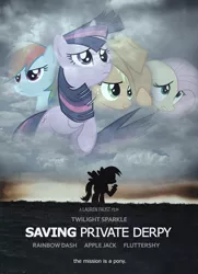 Size: 600x831 | Tagged: safe, artist:dan232323, derpibooru import, applejack, derpy hooves, fluttershy, rainbow dash, twilight sparkle, earth pony, pegasus, pony, unicorn, cowboy hat, female, food, hat, horn, mare, movie poster, muffin, parody, poster, saving private ryan, silhouette, stetson, this will end in death, unicorn twilight, wings, world war ii