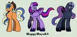 Size: 1023x498 | Tagged: artist:happydays64, derpibooru import, magical lesbian spawn, oc, oc:black velvet, oc:crescent apple, oc:ganymede, offspring, parent:applejack, parent:princess luna, parent:rarity, parents:lunajack, parents:rariluna, parents:twiluna, parent:twilight sparkle, safe