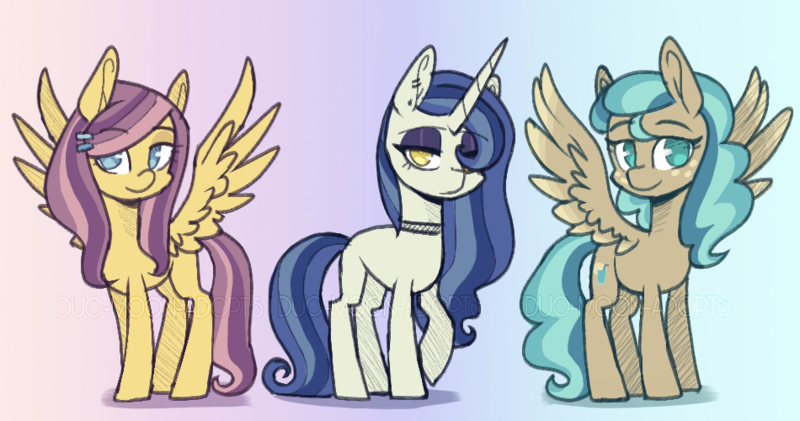 Size: 950x500 | Tagged: safe, artist:duo-moon-adopts, derpibooru import, oc, pegasus, pony, unicorn, female, hair over one eye, looking at you, mare, offspring, parent:minty mocha, parent:moonlight raven, parent:sunshower, parent:whirlwind romance, parents:mintyshower, parents:moonshower, parents:whirlshower