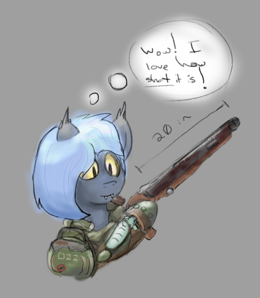 Size: 1574x1804 | Tagged: safe, artist:needthistool, derpibooru import, oc, oc:panne, unofficial characters only, bat pony, bipedal, dialogue, doom, doom eternal, doomguy, female, gray background, gun, hoof hold, mare, praetor suit, shotgun, simple background, solo, super shotgun, thought bubble, video game, weapon