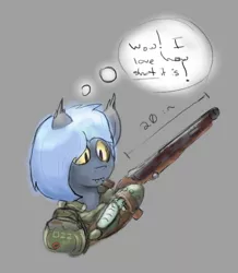 Size: 1574x1804 | Tagged: safe, artist:needthistool, derpibooru import, oc, oc:panne, unofficial characters only, bat pony, bipedal, dialogue, doom, doom eternal, doomguy, female, gray background, gun, hoof hold, mare, praetor suit, shotgun, simple background, solo, super shotgun, thought bubble, video game, weapon