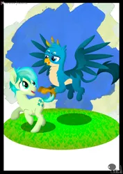 Size: 3508x4961 | Tagged: safe, artist:edonovaillustrator, derpibooru import, gallus, sandbar, earth pony, gryphon, pony, beak, chest fluff, cutie mark, duo, flying, lineless, looking at each other, looking back, male, open mouth, paws, smiling, wings