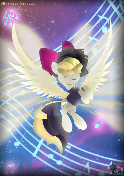 Size: 3508x4961 | Tagged: safe, artist:edonovaillustrator, derpibooru import, songbird serenade, pegasus, pony, my little pony: the movie, bow, clothes, female, flying, hair bow, lineless, mare, music notes, open mouth, patreon, patreon logo, smiling, solo