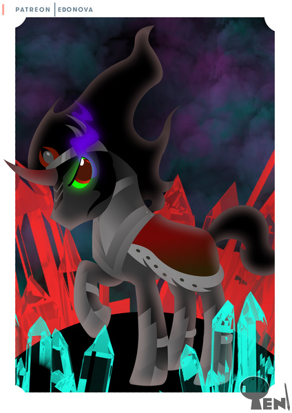 Size: 3508x4961 | Tagged: safe, artist:edonovaillustrator, derpibooru import, king sombra, pony, unicorn, cape, clothes, crystal, glowing eyes, lineless, male, patreon, patreon logo, raised hoof, solo, sombra eyes, stallion