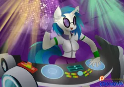 Size: 4961x3508 | Tagged: safe, artist:edonovaillustrator, derpibooru import, vinyl scratch, anthro, unicorn, disco ball, female, glow, lights, open mouth, smiling, solo, speakers, turntable