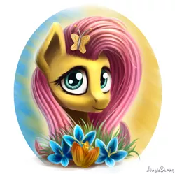 Size: 2110x2104 | Tagged: safe, artist:adagiostring, derpibooru import, fluttershy, pony, bust, female, flower, looking at you, mare, solo