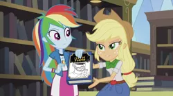 Size: 1280x719 | Tagged: suggestive, derpibooru import, edit, edited screencap, screencap, applejack, rainbow dash, equestria girls, friendship games, book, inverted mouth, meme, my little porno, yearbook meme