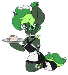 Size: 1070x1168 | Tagged: suggestive, artist:k-kopp, derpibooru import, oc, oc:jaded nights, bat pony, cake, clothes, collar, ear piercing, female, food, maid, piercing, shoes, simple background, solo, stockings, thigh highs, transparent background