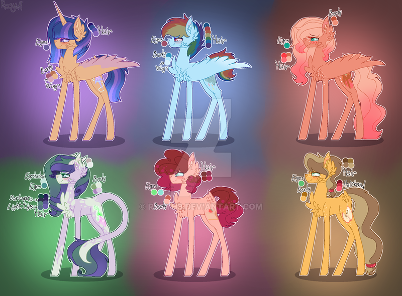 Size: 1024x755 | Tagged: safe, artist:rosyh9, derpibooru import, oc, oc:caramel, oc:cheese cupcake, oc:rainbow rain, oc:sapphire, oc:star sparkle, oc:sweet apple, unofficial characters only, alicorn, dracony, earth pony, hybrid, pegasus, pony, alicorn oc, cheek fluff, chest fluff, color palette, deviantart watermark, ear fluff, ethereal mane, female, freckles, gradient mane, interspecies offspring, mare, next generation, offspring, parent:applejack, parent:big macintosh, parent:caramel, parent:cheese sandwich, parent:flash sentry, parent:fluttershy, parent:pinkie pie, parent:rainbow dash, parent:rarity, parent:soarin', parent:spike, parent:twilight sparkle, parents:carajack, parents:cheesepie, parents:flashlight, parents:fluttermac, parents:soarindash, parents:sparity, starry mane, watermark