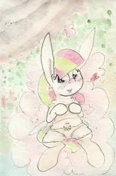 Size: 696x1061 | Tagged: suggestive, artist:slightlyshade, derpibooru import, blossomforth, pony, belly button, blushing, camisole, cat underwear, clothes, cloud, female, frilly underwear, heart, long ears, panties, socks, solo, solo female, traditional art, underwear, yellow underwear