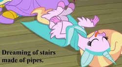 Size: 1152x640 | Tagged: safe, derpibooru import, edit, edited screencap, screencap, gallus, silverstream, horse play, what lies beneath, cloak, clothes, costume, cropped, cute, diastreamies, fake ears, fake horn, gallabetes, silverstream does loves indoor plumbing, sleeping, text, that hippogriff sure does love indoor plumbing, that hippogriff sure does love stairs, tongue out