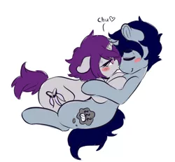 Size: 500x462 | Tagged: safe, artist:wickedsilly, derpibooru import, oc, oc:sleepy head, oc:wicked silly, unofficial characters only, pony, unicorn, blushing, couple, cute, dialogue, eyes closed, female, hug, kissing, male, mare, oc x oc, shipping, simple background, smiling, stallion, straight, white background, wickedsleepy