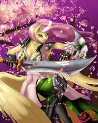 Size: 2400x3000 | Tagged: anthro, armpits, artist:swiftriff, badass, breasts, busty fluttershy, clothes, crossover, derpibooru import, dungeon fighter online, female, flutterbadass, fluttershy, gloves, part of a set, safe, shield, solo, sword, unguligrade anthro, video game, weapon